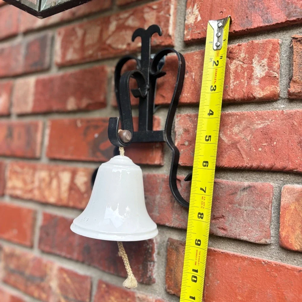 Vintage Farmhouse White Ceramic Wall Mounted Dinner Bell Black Wrought Iron